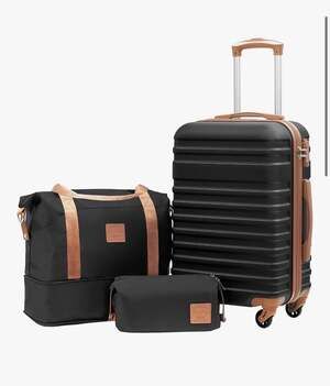 Coolife 3-Piece Luggage Set with Hardside Carry-On, Expandable Duffel, and Toile